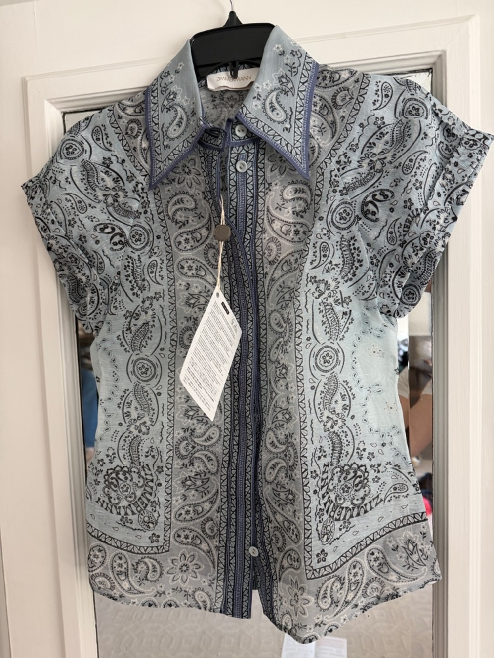 Zimmermann Light Blue Paisley Button Shirt with Navy Trim